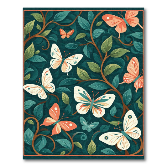 Coral Butterflies on Dark Teal Foliage Rug