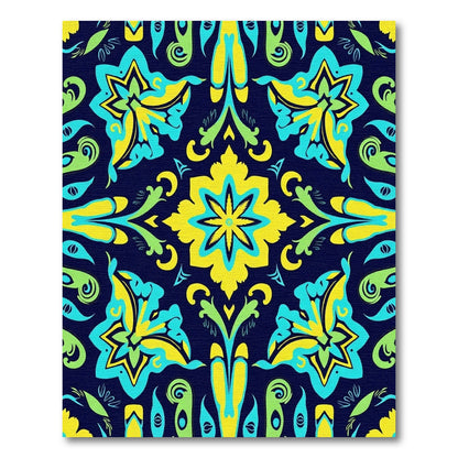 Bold Yellow Teal Blossom Symmetry Rug