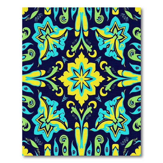 Bold Yellow Teal Blossom Symmetry Rug