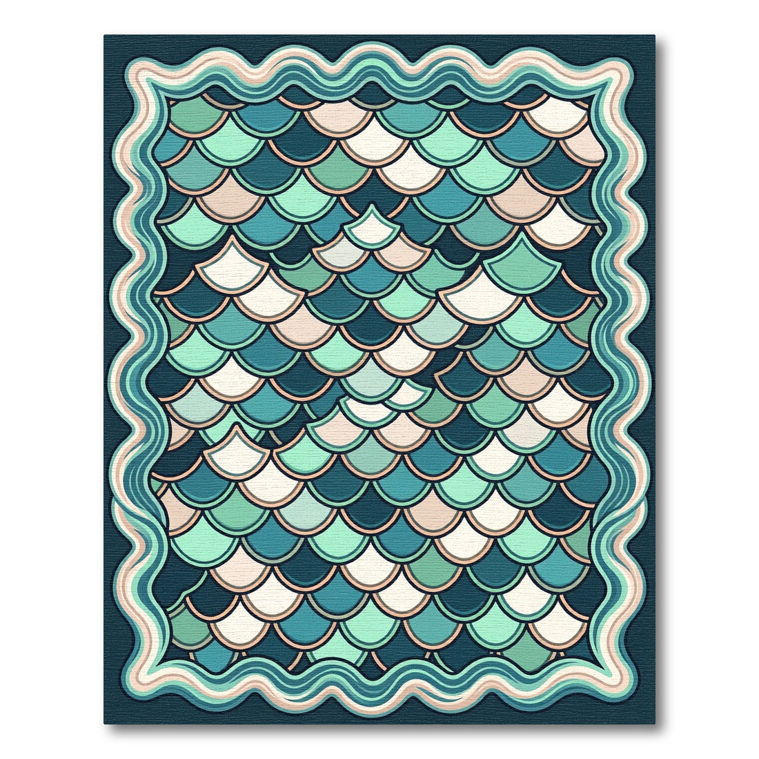 Teal Aquatic Scallop Wave Frame Rug