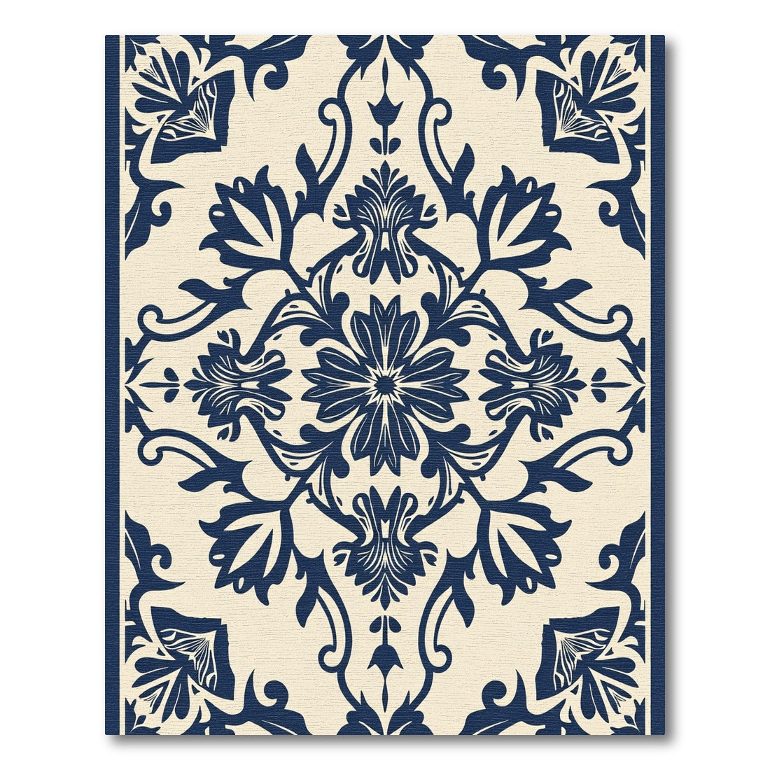 Navy Floral Damask Scrolling Vines Rug