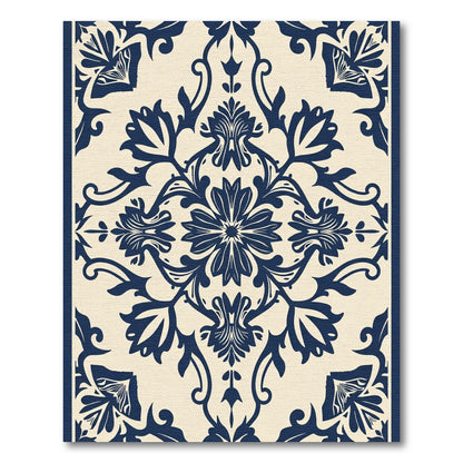Navy Floral Damask Scrolling Vines Rug