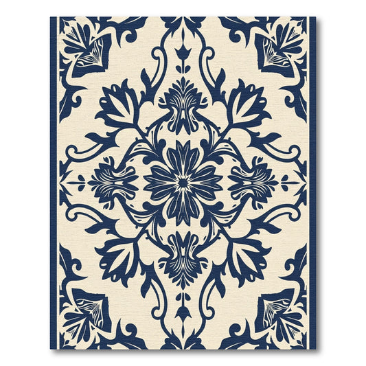 Navy Floral Damask Scrolling Vines Rug