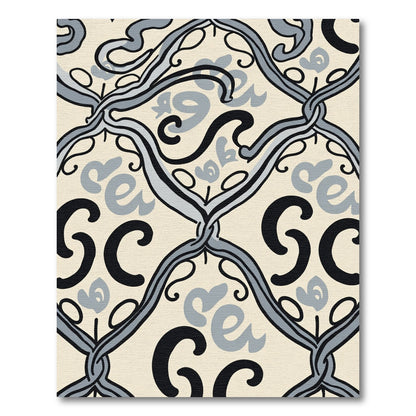 Black Gray Cream Script Lattice Rug