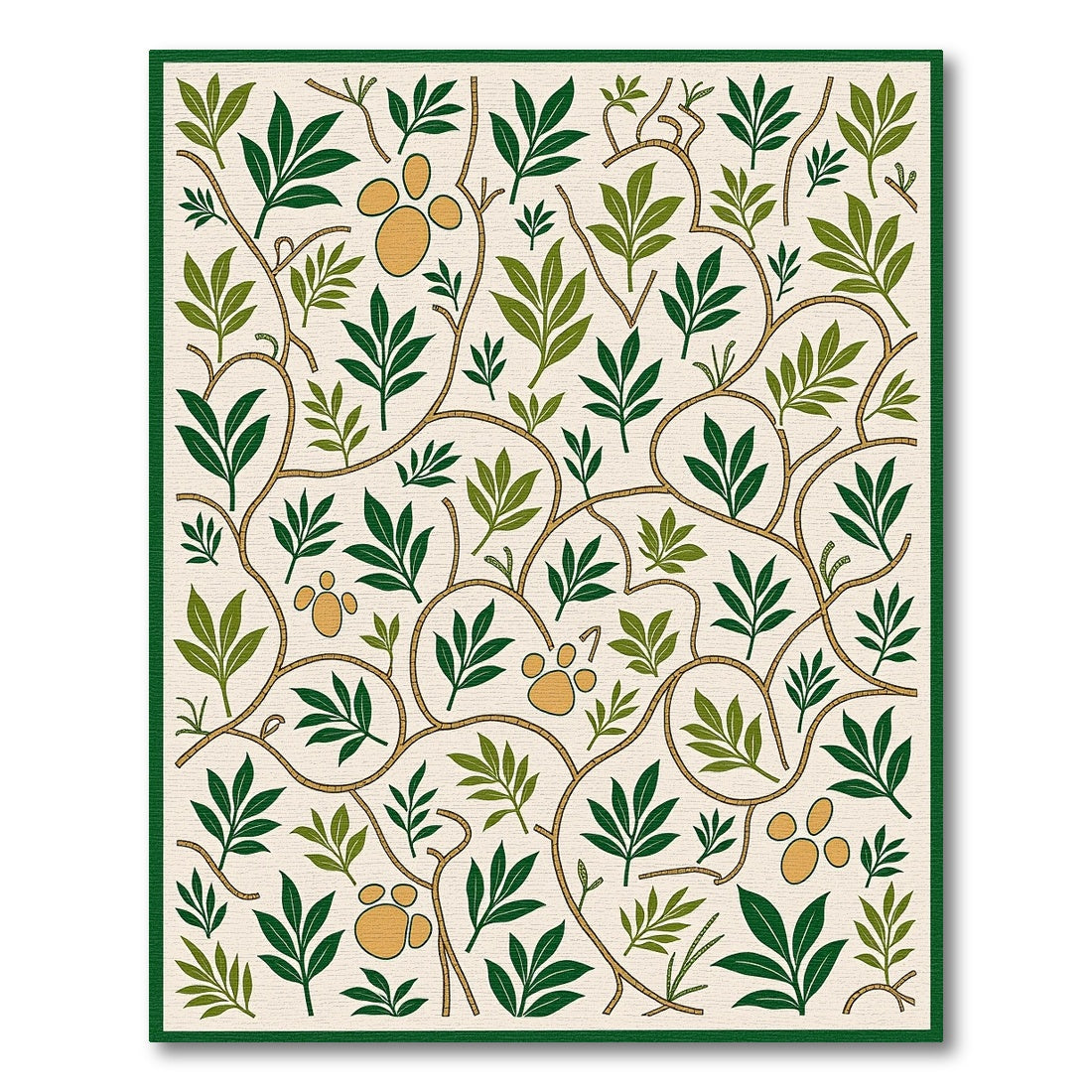 Cream Green Twig Paw Print Medallion Rug