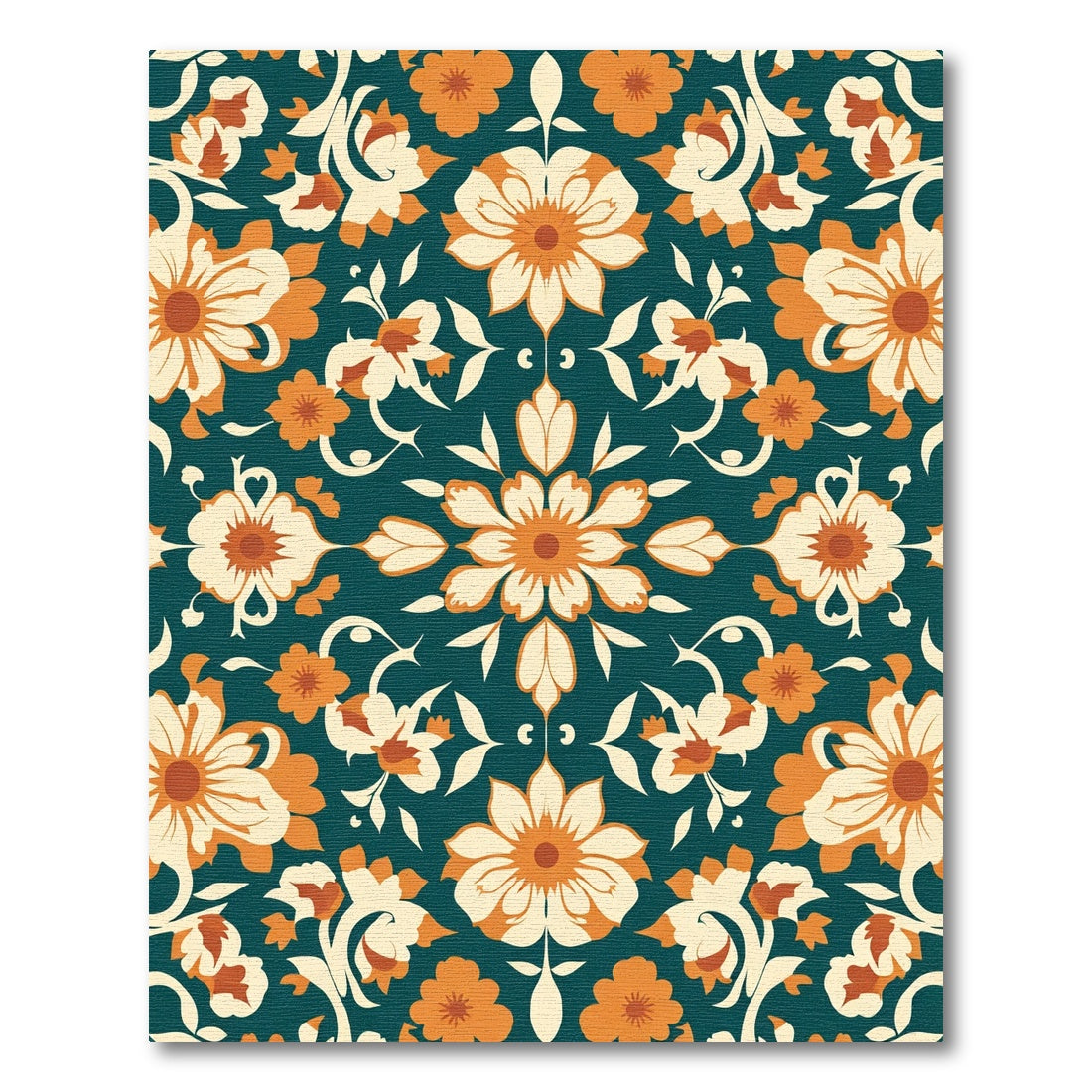 Dark Teal Orange Cream Floral Medallion Rug