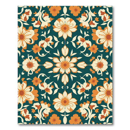 Dark Teal Orange Cream Floral Medallion Rug