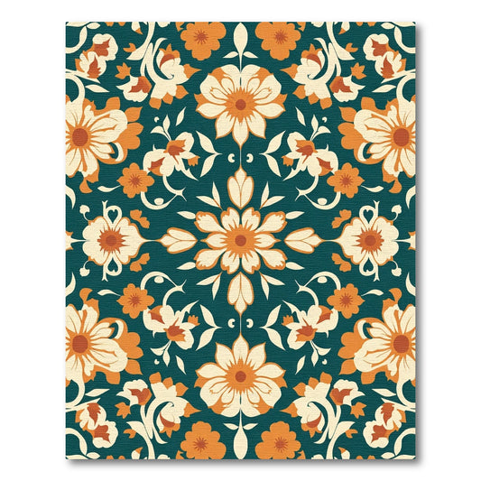 Dark Teal Orange Cream Floral Medallion Rug