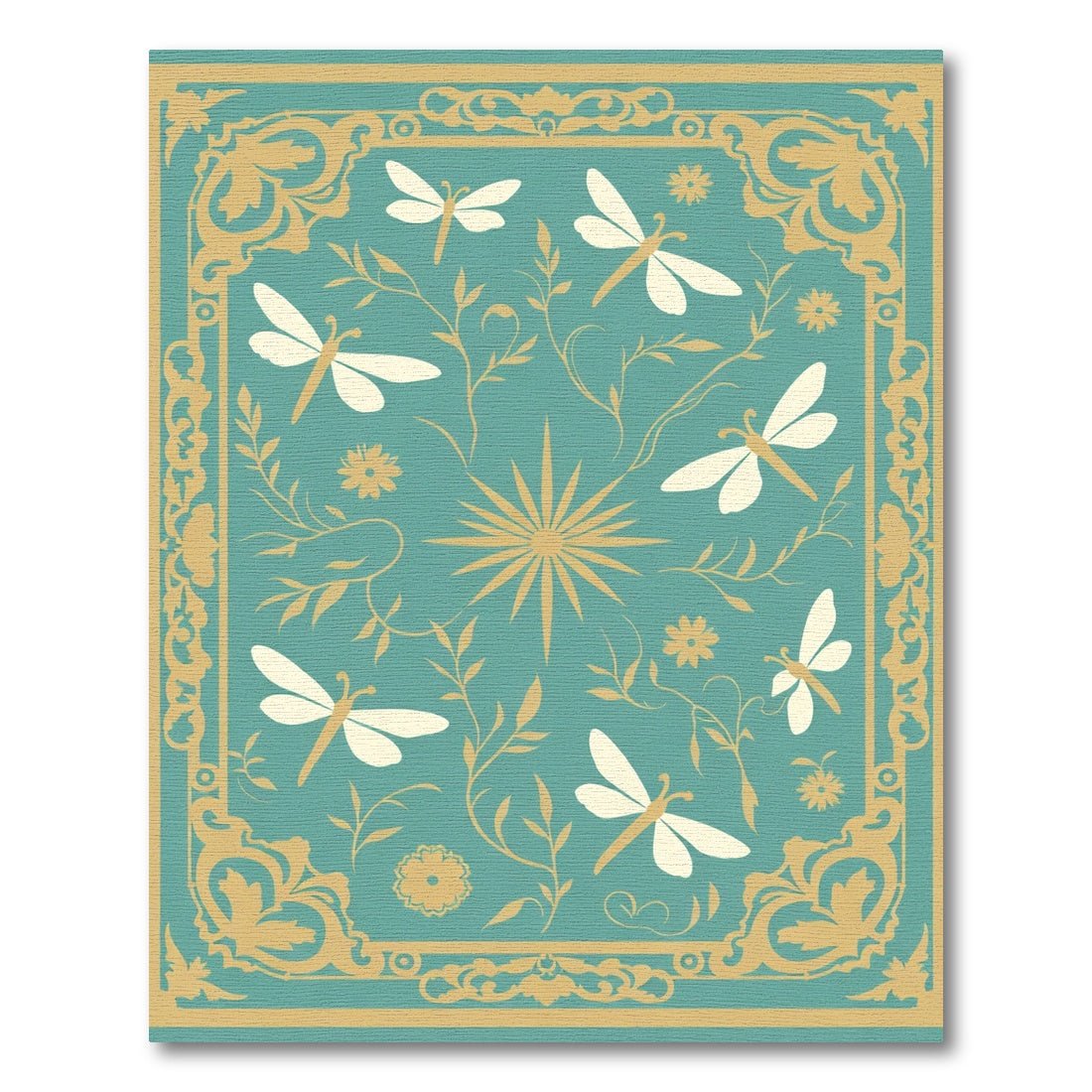 Teal Gold Dragonfly Floral Border Rug