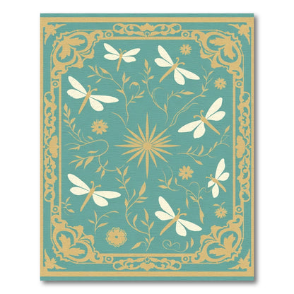 Teal Gold Dragonfly Floral Border Rug