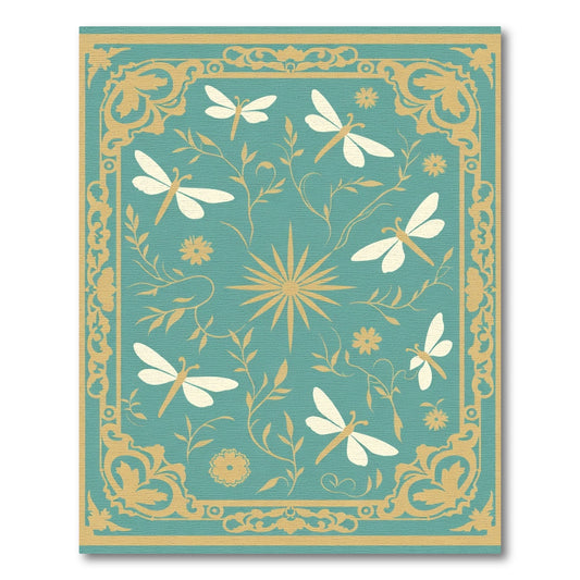 Teal Gold Dragonfly Floral Border Rug