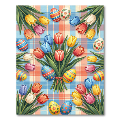 Vibrant Easter Tulip Plaid Bouquet Rug