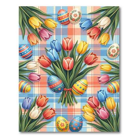 Vibrant Easter Tulip Plaid Bouquet Rug