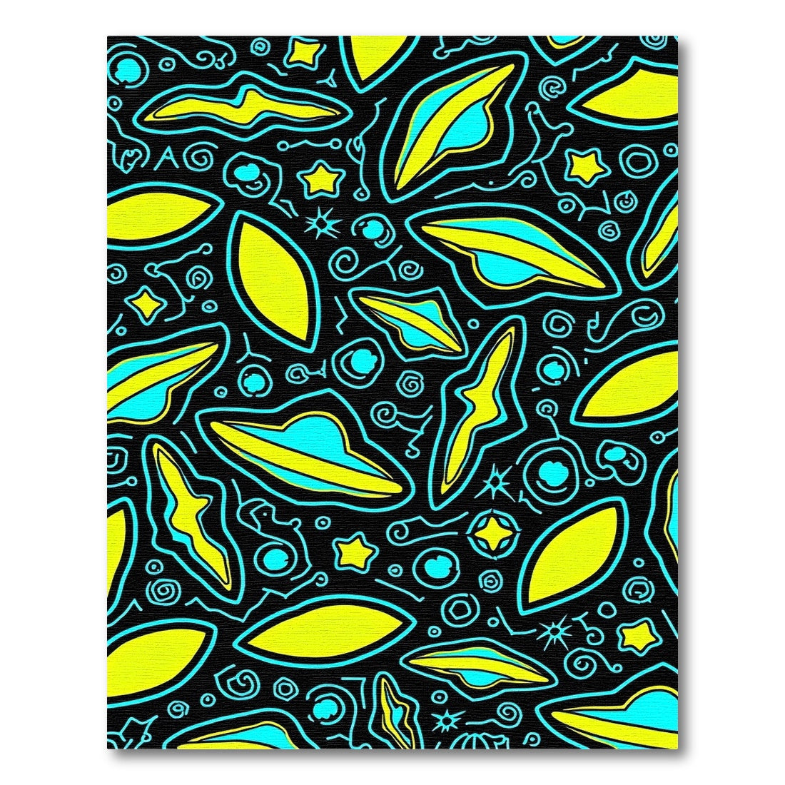 Black Yellow Teal UFO Stars Whimsical Rug