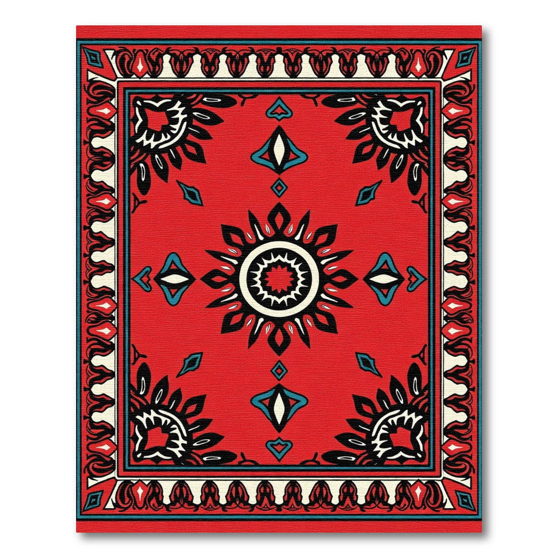 Vibrant Red Sunburst Diamond Border Rug