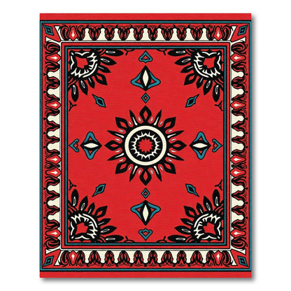 Vibrant Red Sunburst Diamond Border Rug
