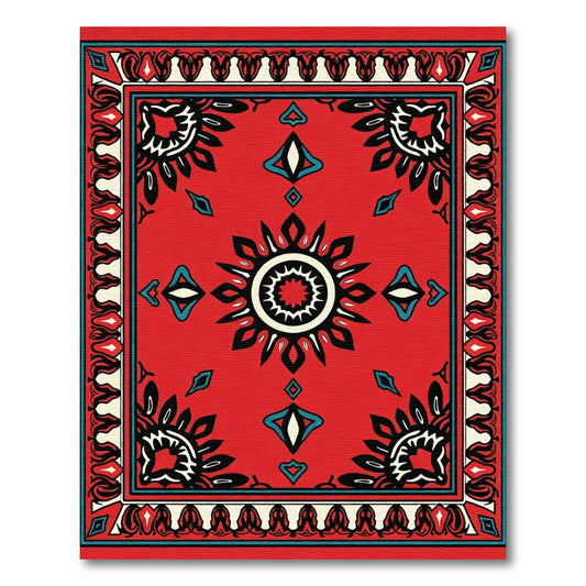 Vibrant Red Sunburst Diamond Border Rug
