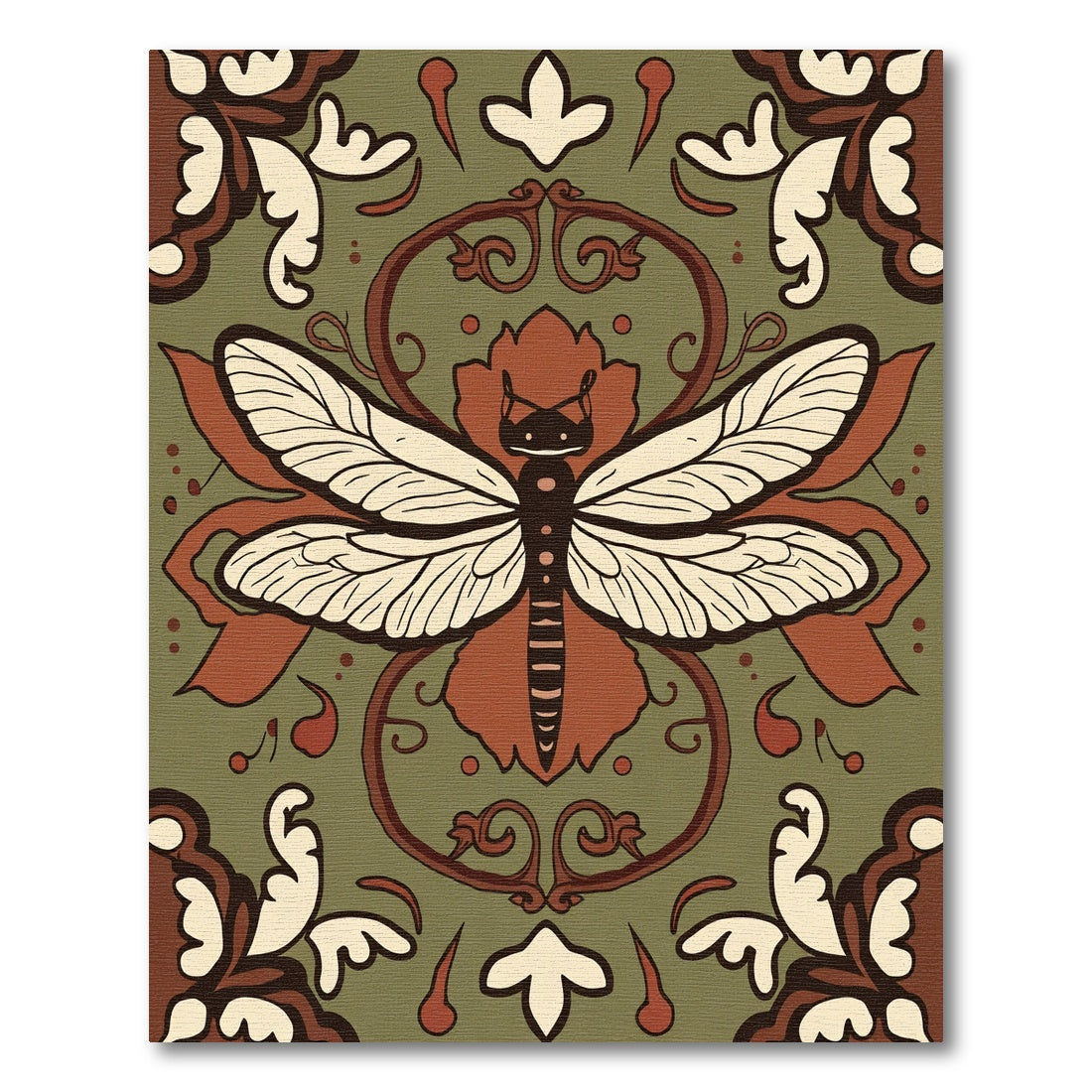 Earthy Dragonfly Floral Scroll Rug
