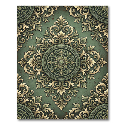 Elegant Sage Green Ornate Damask Medallion Rug