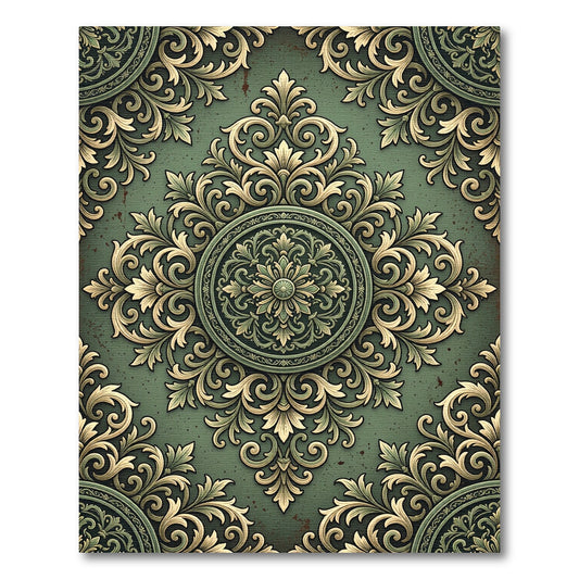 Elegant Sage Green Ornate Damask Medallion Rug