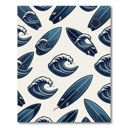Coastal Navy Surfboard and Wave Art Rug