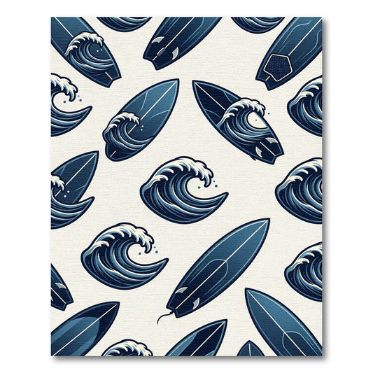 Coastal Navy Surfboard and Wave Art Rug
