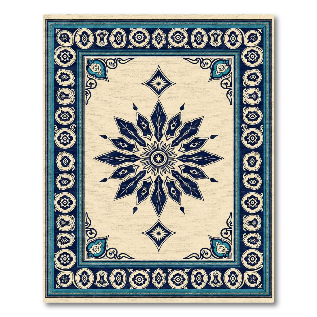 Navy Blue Central Floral Diamond Border Rug