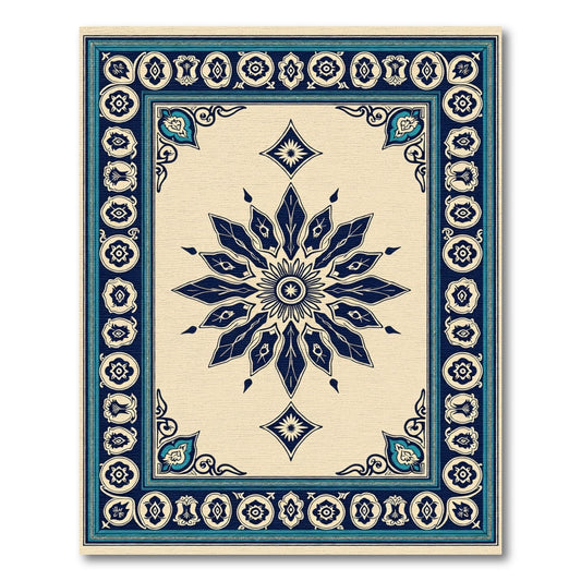 Navy Blue Central Floral Diamond Border Rug