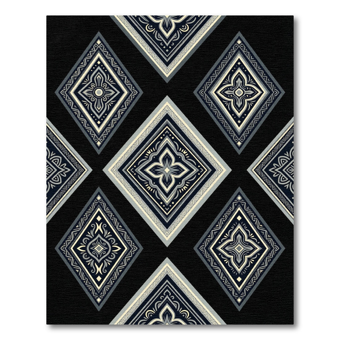 Classic Diamond Medallion Black Cream Grey Rug