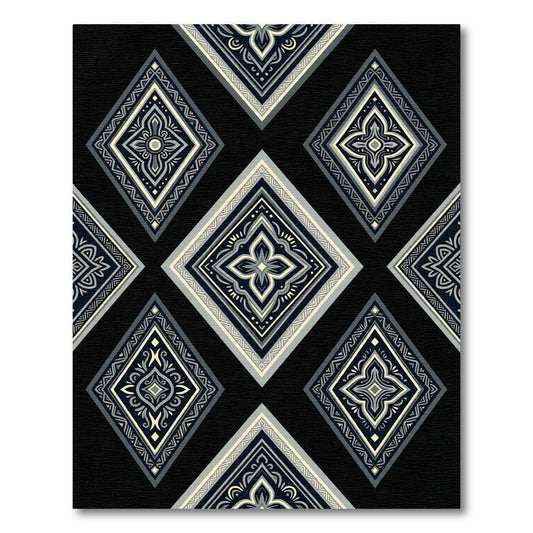 Classic Diamond Medallion Black Cream Grey Rug