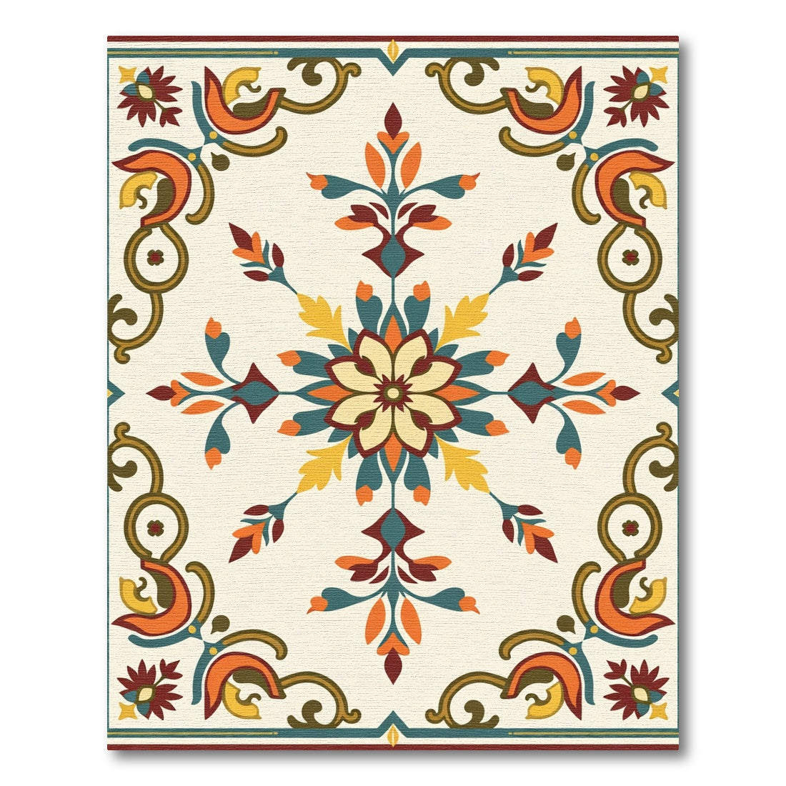 Terracotta Teal Golden Floral Arrangement Rug
