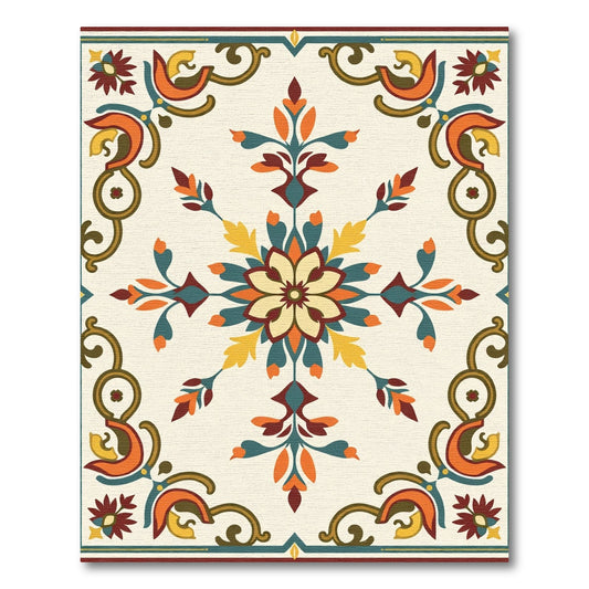 Terracotta Teal Golden Floral Arrangement Rug