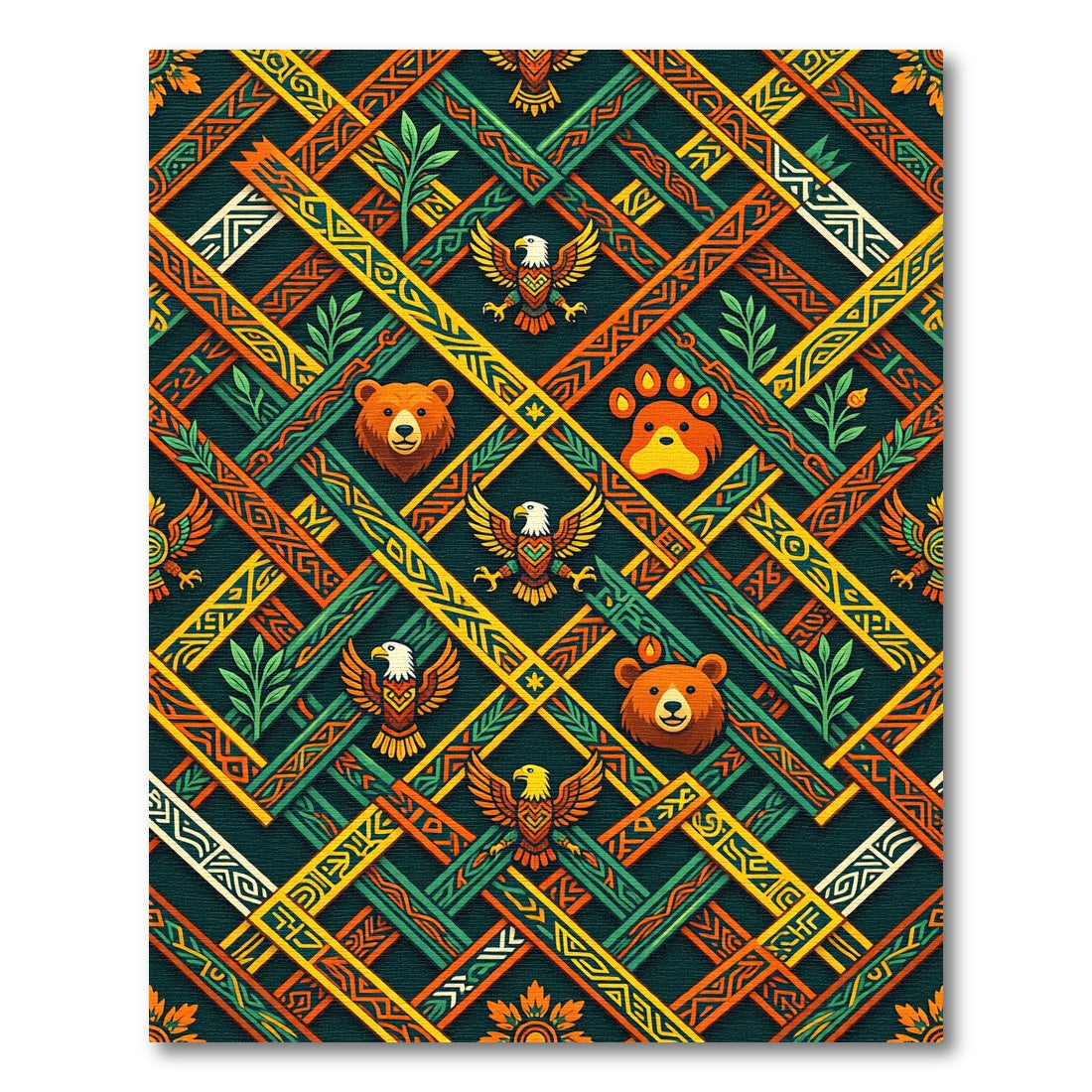 Geometric Forest Bear and Eagle Tapestry Rug