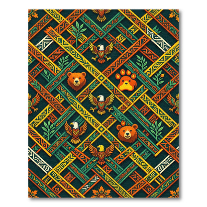 Geometric Forest Bear and Eagle Tapestry Rug