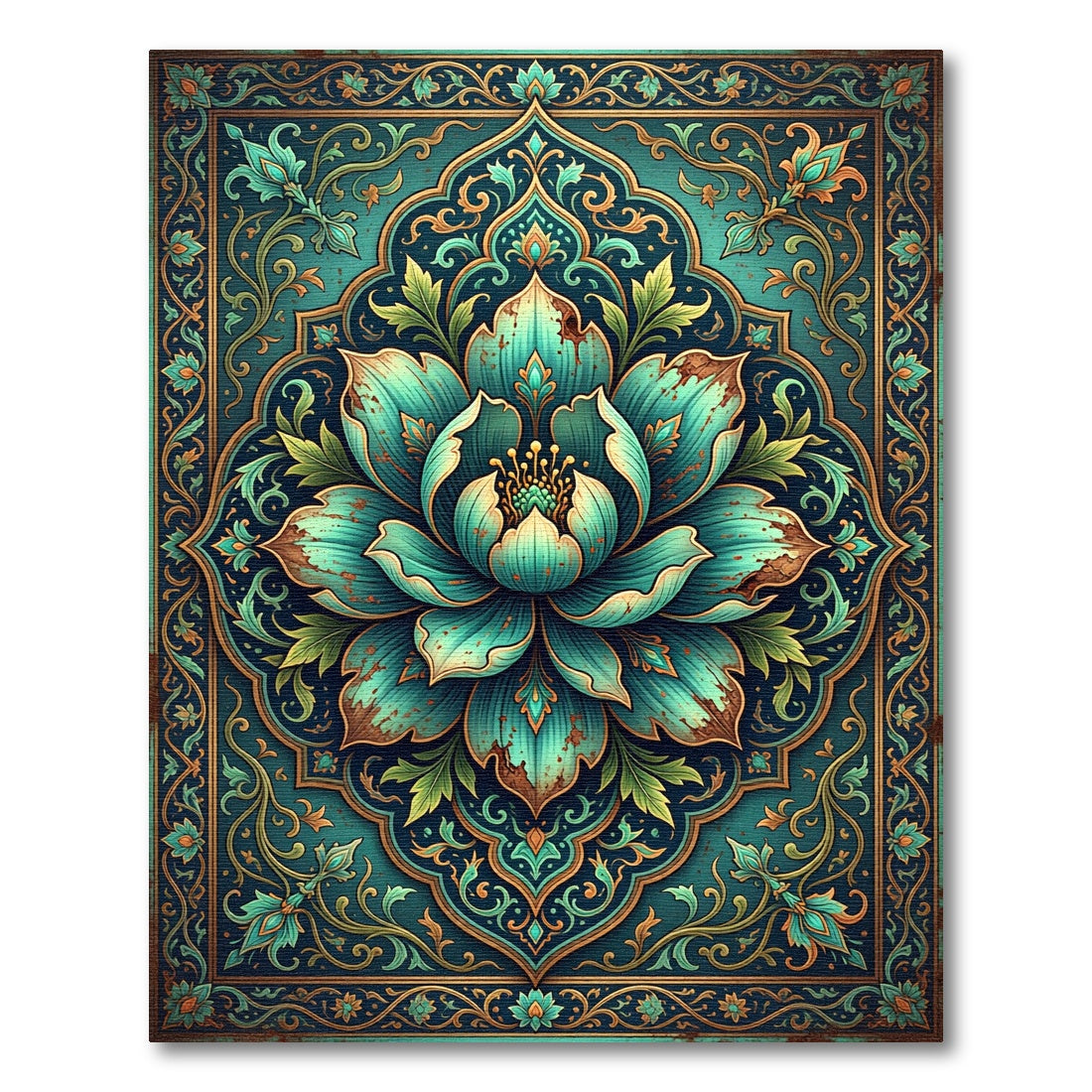 Teal Lotus Blossoming Medallion Art Rug
