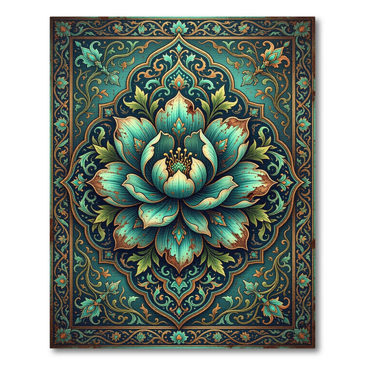 Teal Lotus Blossoming Medallion Art Rug