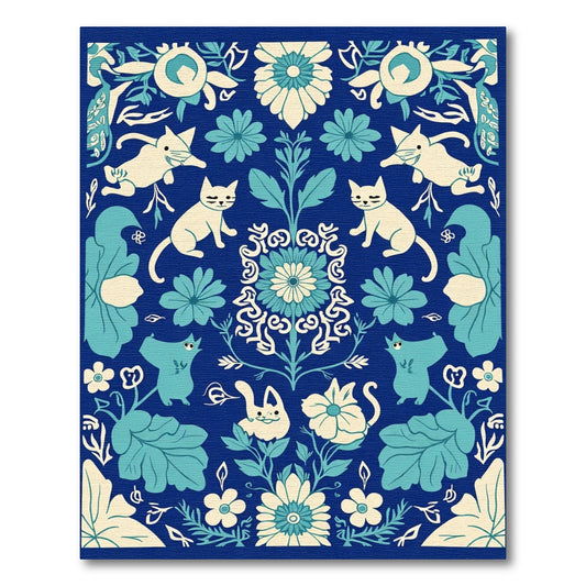 Charming Blue Floral Cat Garden Rug