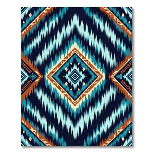 Teal Blue Geometric Ikat Diamond Rug