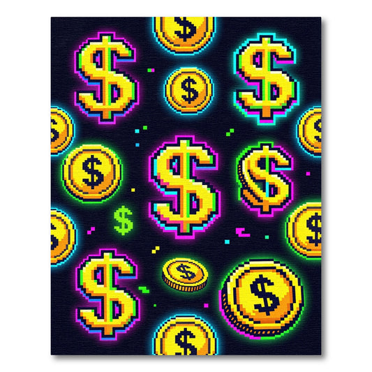 Neon Pixel Dollar Sign Arcade Art Rug