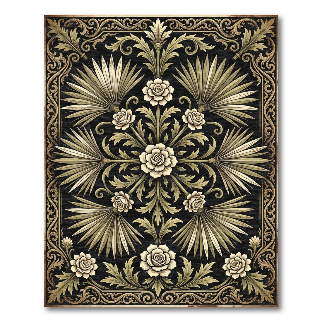 Elegant Black and Gold Palm Floral Rug