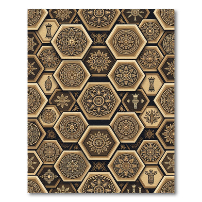 Golden Hexagon Medallion Geometric Art Rug