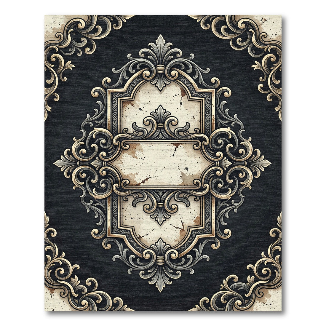 Ornate Black and Gold Scroll Medallion Rug