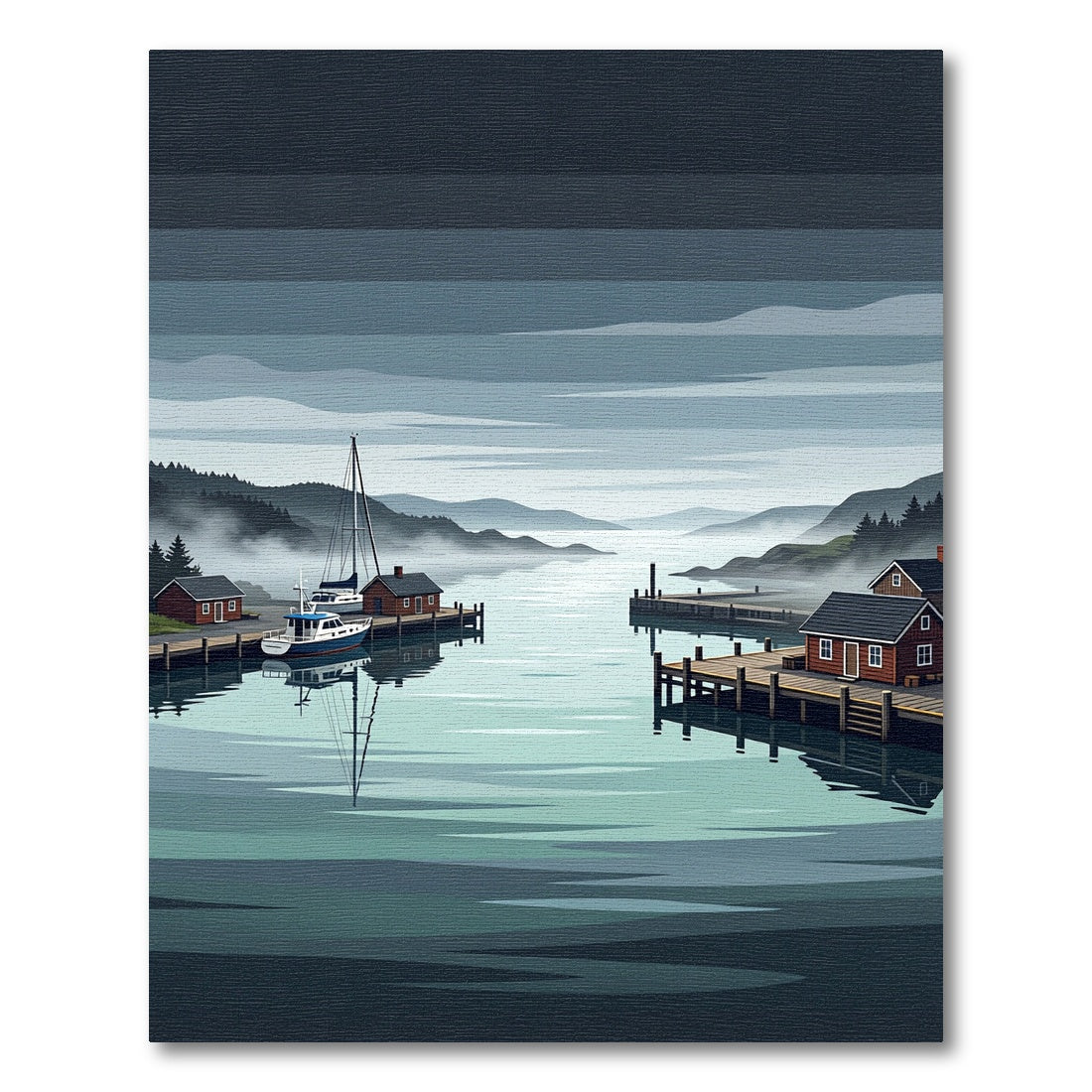 Serene Misty Fjord Harbor Landscape Rug