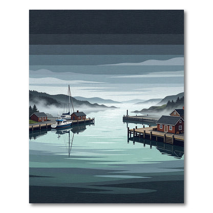 Serene Misty Fjord Harbor Landscape Rug