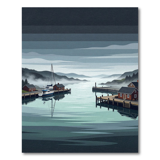 Serene Misty Fjord Harbor Landscape Rug