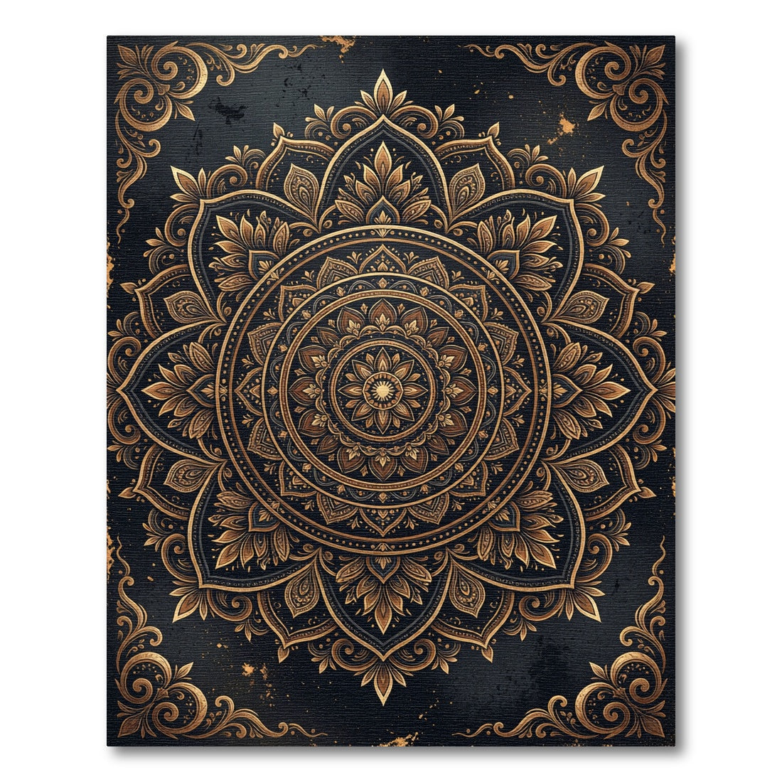 Gilded Black Intricate Floral Mandala Rug