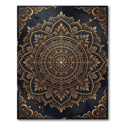 Gilded Black Intricate Floral Mandala Rug