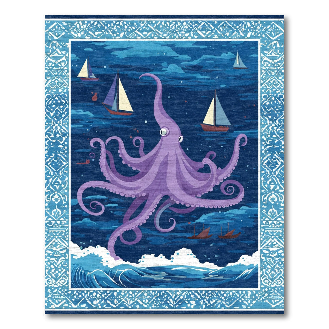 Purple Octopus Sailing Scene Rug