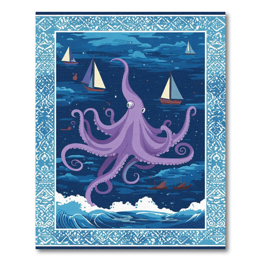 Purple Octopus Sailing Scene Rug