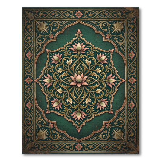 Elegant Emerald Lotus Medallion Floral Rug